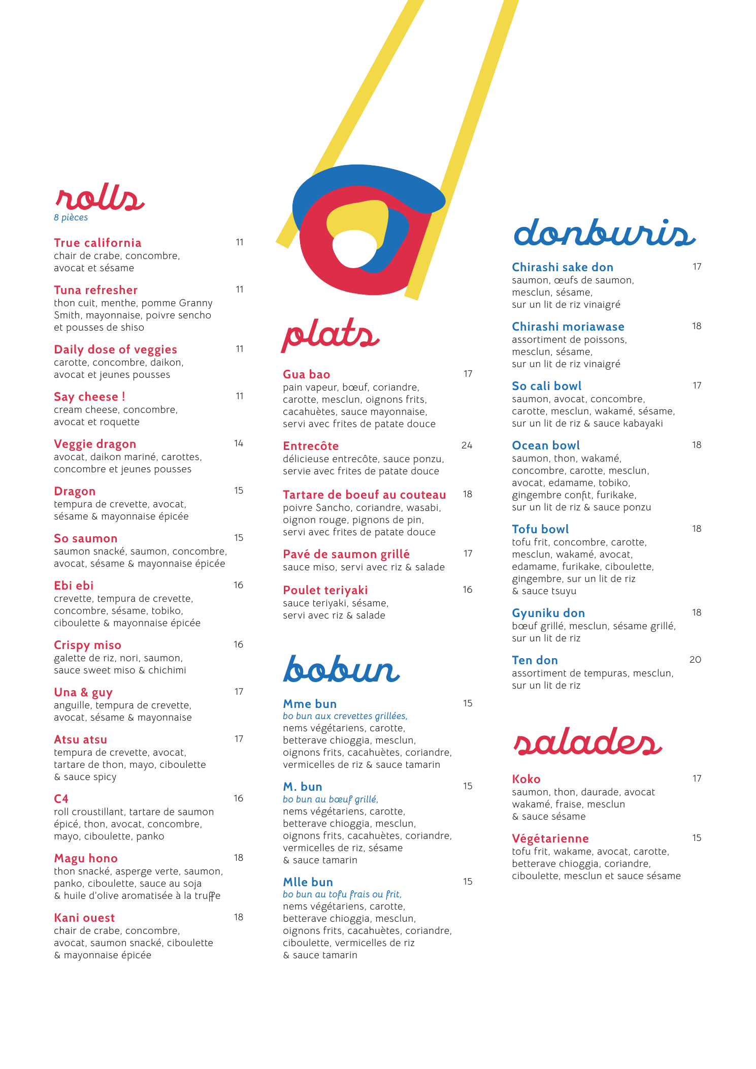 Carte Koko page 2: sushi, rolls, donburis, desserts et boissons