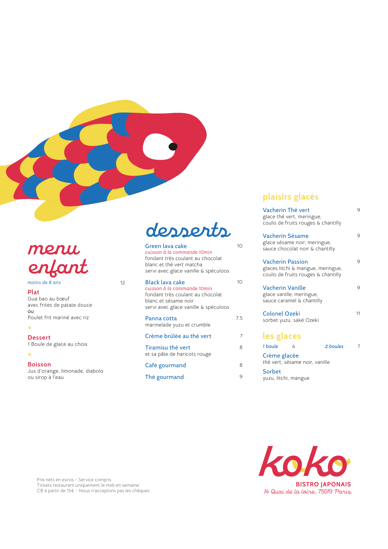 Carte Koko page 3: sushi, rolls, donburis, desserts et boissons